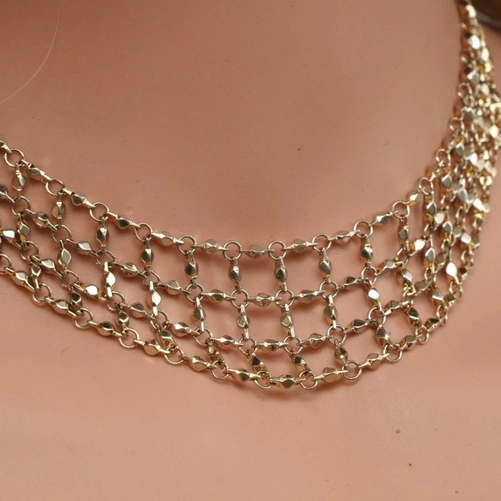 Gold Tone Multi Strand Mesh Bib‎ Necklace Adjustable Lattice Collar Statement